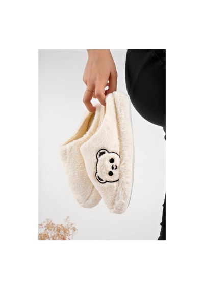 Modafocus Krem Tatlı Ayıcık Peluş Ev Terliği Sessiz Taban Kışlık Panduf Krem Krem