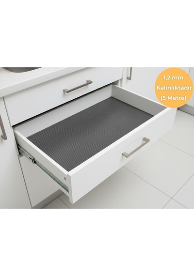 Almıtal 48 Cm X 5 M Antrasit Çizgi Desenli Suni Deri, Çekmece İçi Kaydırmaz Çekmece Halısı, Raf Örtüsü