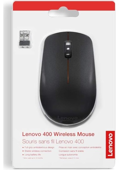 Lenovo 400 Wireless Mouse, Kablosuz Fare, 2,4 Ghz, 1200 Dpi, Siya
