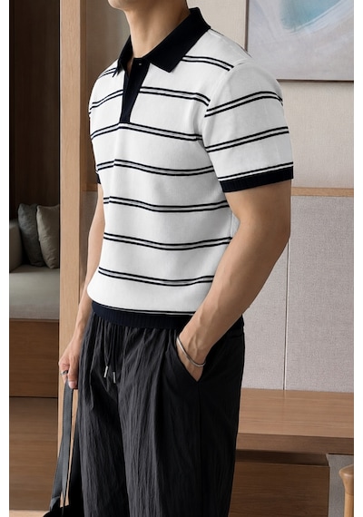 Tarz Cool Erkek Çizgili Polo Yaka Viskon Triko Tişört Slim Fit Yazlık Şık Triko Polo Beyaz