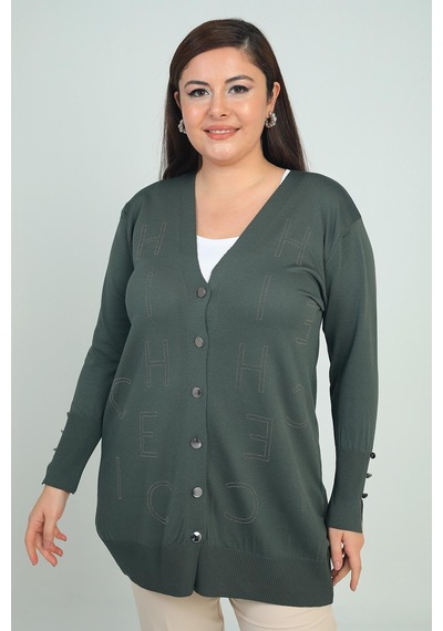 By Saygı Kadın Kolları Düğme Detaylı Taş Harf Baskılı Soğuk İplik Büyük Beden Hırka-41877 Haki By Saygı Kadın Kolları Düğme Detaylı Taş Harf Baskılı Soğuk İplik Büyük Beden Hırka-41877 Haki