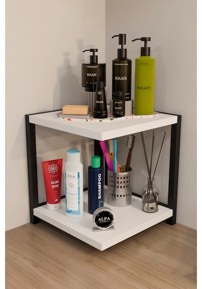 İki Raflı Banyo Köşe Kare Düzenleyici Organizer Raf Metal Gövdeli Çok Amaçlı Banyo Standı Beyaz