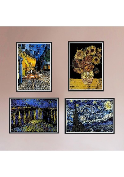 Scratch Art Tablo 4 Parça Vincent Van Gogh Çizik Gökkuşağı Kağıt Seti Yetişkinler Ve Çocuklar İçin, Kendin Ya
