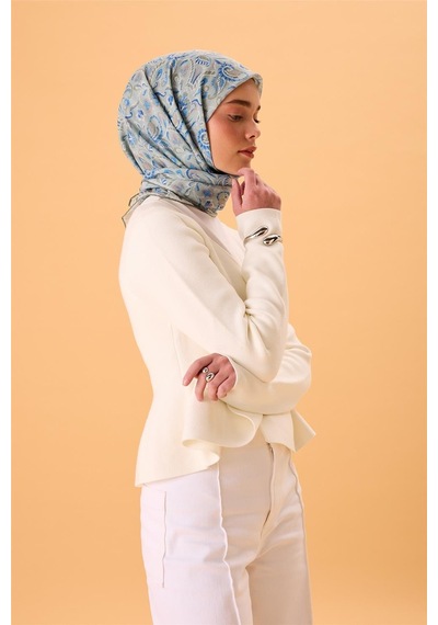 Silk Home İnce Pamuk Soft Eşarp Su Yeşili-gök Mavi Desenli Kaymaz Dokulu Tok Duruşlu 90x90 Çok Renkli