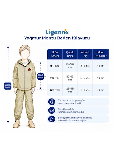 Ligenne Su Geçirmez Çocuk Yağmur Montu Polar Astarlı Kapüşonlu Çocuk Yağmurluk Pure Mustard Sarı
