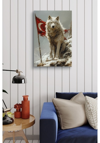 Arkasında Türk Bayraklı Beyaz Kurt Yağlı Kanvas Tablo