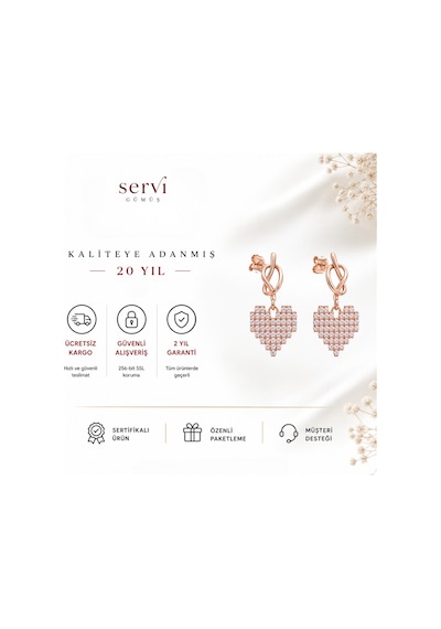 Servi 925 Ayar Gümüş Rose Aşk Düğümü Pixel Kalp Sallantılı Küpe-501 Gümüş - Pembe