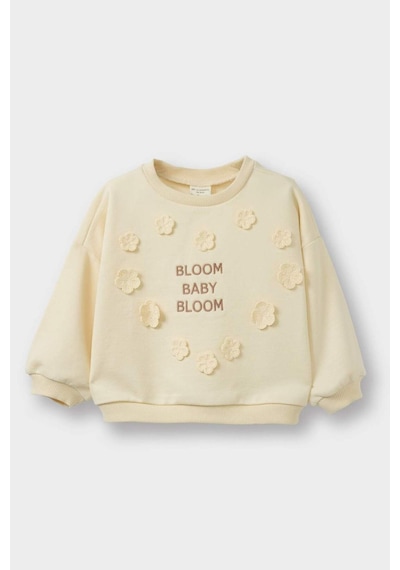 Defacto Kız Bebek Oversize Geniş Kalıp Bisiklet Yaka Çiçekli Nakışlı İçi Yumuşak Tüylü Sweatshirt G6837a525cwbg31 Bej-bg31