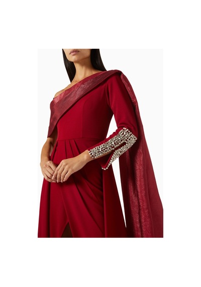 Ac By Aanchal Chanda Asymmetric Cape Gown Asimetrik Pelerinli Organze Kadın Elbise Kırmızı