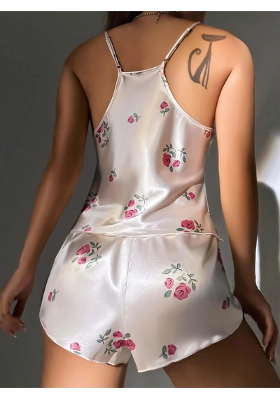 R Ruselin Kadın Ekru Gül Desenli Askılı Dantel Üst Pijama Takımı 2222