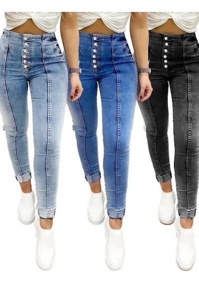 Kadın Yüksek Bel Önden Düğmeli Jean Pantolon Siyah