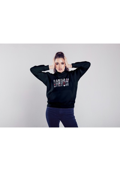 London Baskılı Oversize Unisex Kapüşonlu Sweatshirt Siyah