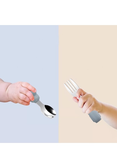 Gri Çocuk Bpa Free Silikon Saplı Paslanmaz Çelik Uçlu Çatal-kaşık, 9+ Ay