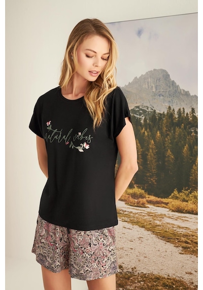 Monamise Kadın Yaprak Desenli Natural Vibes Şort Takımı 23172-siyah Siyah