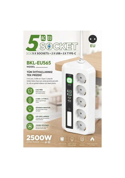 5 Li Akım Korumalı Priz 2500w 2 Usb + 2 Type-c Hızlı Şarj Led Gece Lambalı Dokunmatik Beyaz - 924469238