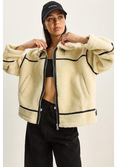 Shade Kadın Suni Deri Biye Detaylı Cepli Teddy Biker Ceket 2370 60281126 - Bej