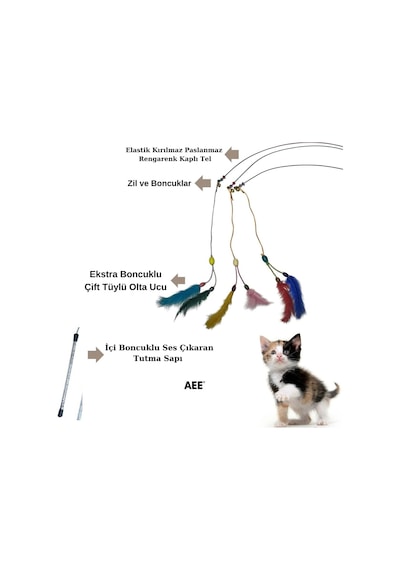 Tr Aee Kedi Oltası Elastik Çift Tüylü Çanlı Boncuklu Kedi Oyuncağı 130 Cm Uzunluk, Dayanıklı Paslanmaz T