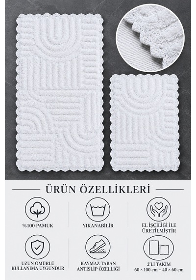 Alanur Bodrum Tufting Cotton Pamuklu El Işi Örgülü 2 Li Paspas 113 Beyaz