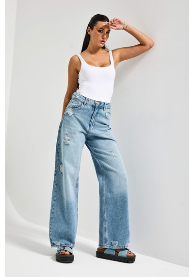 it's basic Kadın Kot Rengi 12s6-32 Mega Baggy Fit Yırtık Detaylı Denim Jean Mavi