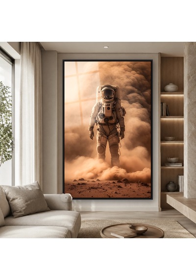 Toz Fırtınasında Astronot Siyah Çerçeveli Cam Tablo