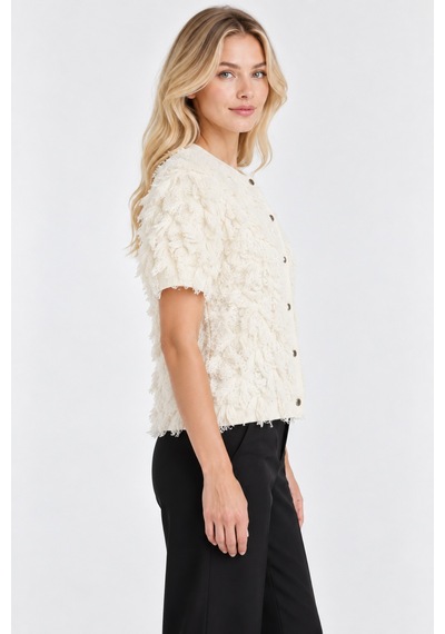 Bihan Store Kadın Crop Model Ön Düğmeli İp Kabartmalı Bluz W27-2926-ekru