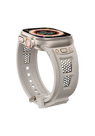 Apple Uyumlu Watch  Ultra 49mm Mkst Krd-117 Hava Alabilen Delikli Metal Süslemeli Desenli Silikon Kordon-tit