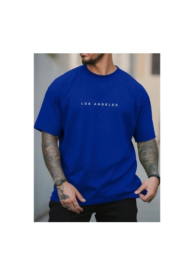 Medinenur Los Angels Yazı Detaylı Basic T-shirt Mavi
