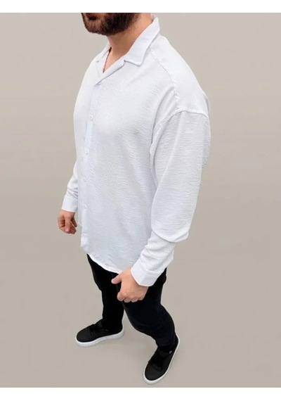 Defymoda Erkek Aerobin Kumaş Oversize 4 Mevsim Uzun Kollu Rahat Kalıp Gömlek - Beyaz