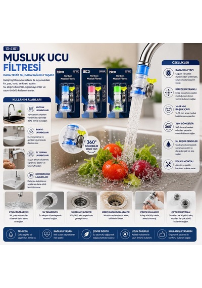 12 Adet Musluk Ucu Filtresi 2 Katmanlı - Taşlı - Pervaneli 360 16-19mm Tüm Musluklara 5047 Altın