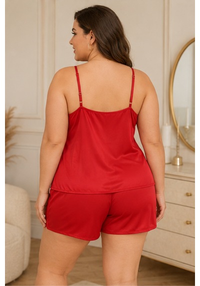 Loule Büyük Beden Kırmızı Yan Dantelli Saten Şortlu Pijama Takımı