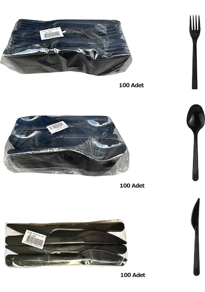 Plastik Siyah Çatal Kaşık Bıçak Seti Takımı- 100 Ad. Çatal + 100 Ad. Bıçak + 100 Ad. Kaşık - 18 Cm. Siyah
