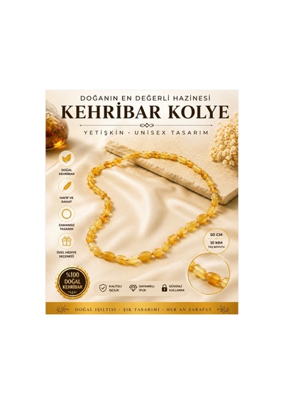 Doğal Kehribar Kolye 50 Cm Yetişkin Unisex Kehribar Taşlı Kolye Bej Bej