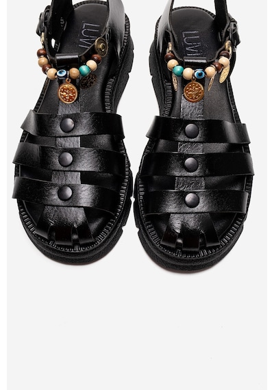 Luvishoes Solıs Siyah Hakiki Deri Boncuklu Kadın Sandalet
