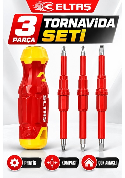 Eltaş 3 Parça Çift Taraflı Değiştirilebilir Tornavida Seti Yıldız & Düz Uçlu Pratik Tornavida