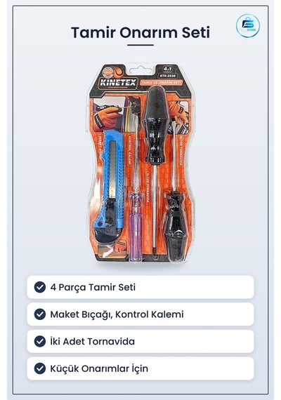 Tamir Onarım Seti 4 Parça Maket Bıçağı Kontrol Kalemi Tornavida H