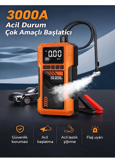 Çantalı 10000mah 150psı Akü Takviyeli Oto Bisiklet Motosiklet Hava Kompresörü Lastik Şişirme Pompası Turuncu