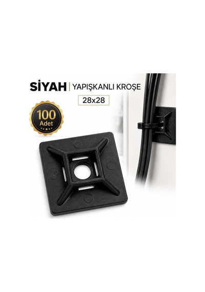 100 Adet Yapışkanlı Kroşe Siyah 28x28 Mm Kablo Bağı Tutucu Sabitleme Klipsi Balon Süs Askı Aparatı