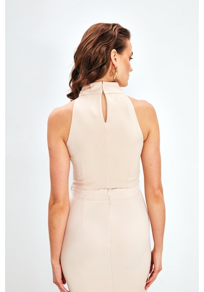 Sateen Zincir Aksesuarlı Crop Bluz - Bej