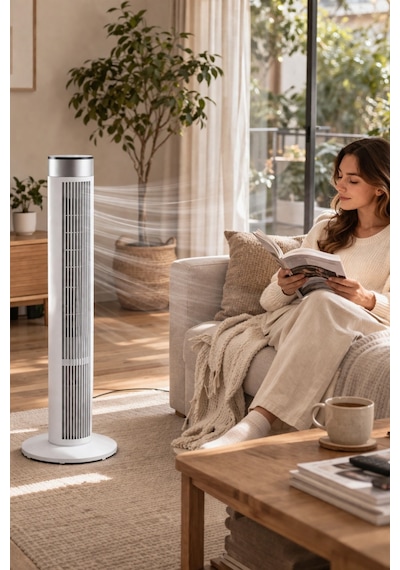 Exenar - Beyaz - Uzaktan Kumandalı Kule Tipi Fan 39" 45w 3 Rüzgar Modlu Led Dokunmatik Ekran Vantilatör Tower Fan