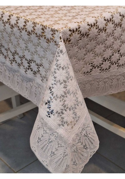 Dantel Kenarlı 120x150 Cm Pvc Muşamba Silinebilir Papatya Desenli Masa Örtüsü Beyaz