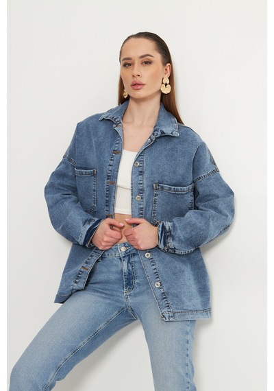 Oversize Kadın Jean Ceket Effect Orta Mavi