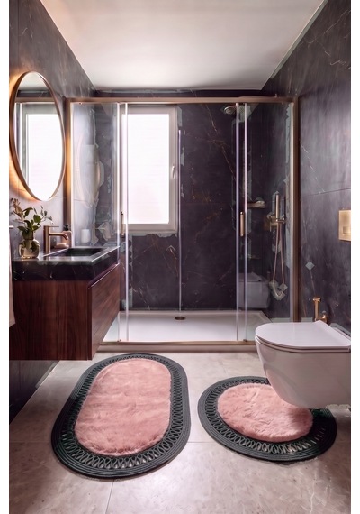 Banyo Paspası Takımı 60x100+60x60 Cm İç Trikot Pembe & Antrasit Gri
