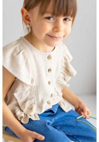 Oliventhekid Bej Naturel Keten Önden Düğmeli Kolları Ve Beli Fırfırlı Kız Çocuk Bluz Bej Bej