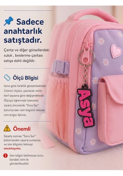 Kişiye Özel İsimli Okul Çantası Anahtarlığı / 3d Baskı Fuşya