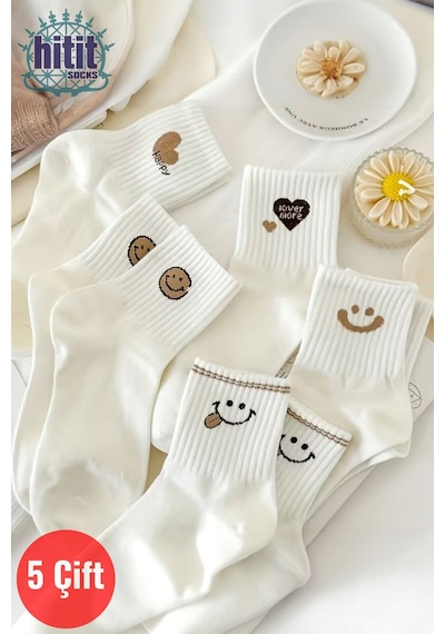 Hitit Socks Kadın 5 Çift Premium Kalite Gülen Surat Ve Kalp D... Çok Renkli