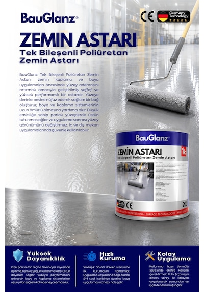 Bauglanz Poliüretan Zemin Astarı 1k Beton, Şap, Garaj, Depo Ve Fabrika Zeminleri Için 2.50 L