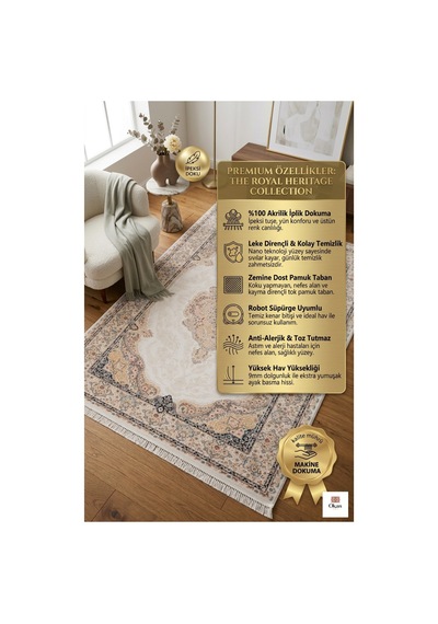 Royal Heritage Exclusive: Sanat Eseri Dokusunda Fildişi Altın Salon Halısı Bej