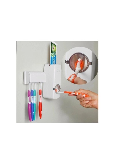 5'li Diş Fırçalık Ve Otomatik Macun Sıkacağı Duvar Askılı Beyaz Pratik Banyo Seti