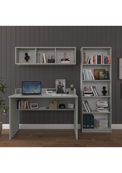 Asra Trend Çalışma Masası Seti ÇMT001 %100 MDF Kitaplıklı Raflı Ofis Takımı Kül Gri