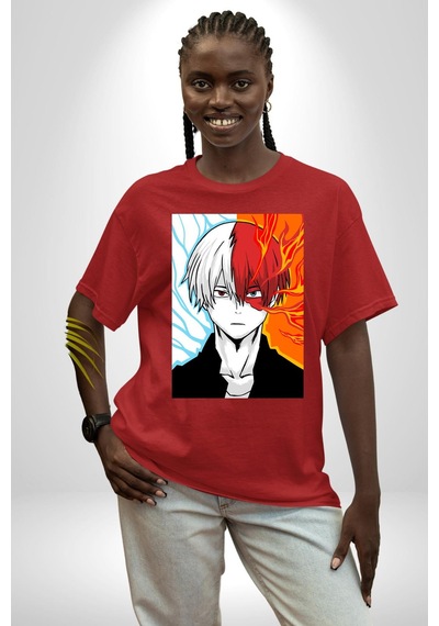 My Hero Academia Boku Anime Pamuklu Bisiklet Yaka Unisex Oversize Boyfriend Dijital Baskılı Kırmızı T-shirt Kırmızı